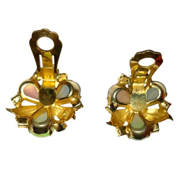 VINTAGE Opalescent Frosted Glass Flower Clip On Earrings Gold Tone Rhinestones - Picture 7 of 11